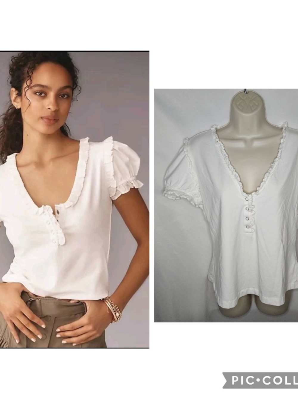 Womens Maeve by Anthropologie White Puff Sleeve Ruffle Henley Tee Top Size XL